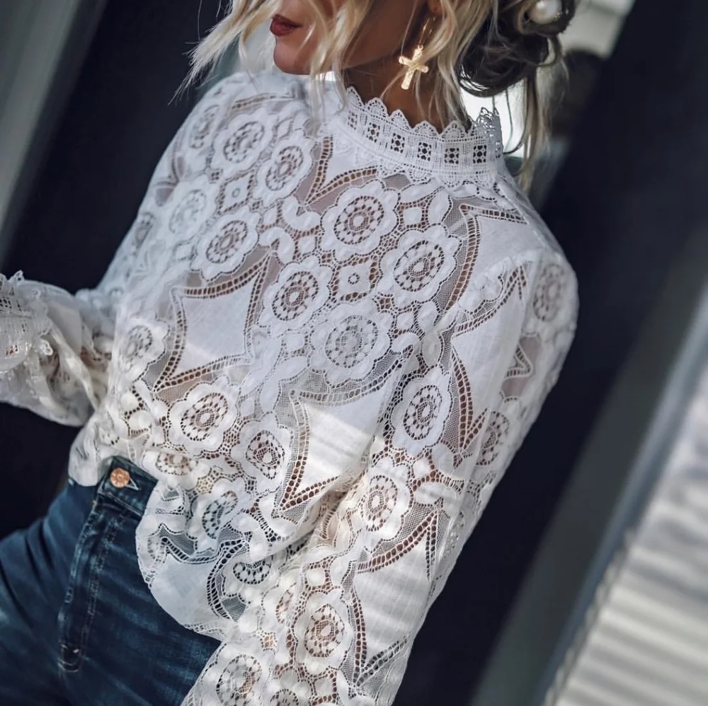 NEW Girlie Glam White Lace Cotton Top Long Sleeve White Retro Vintage - Picture 10 of 15